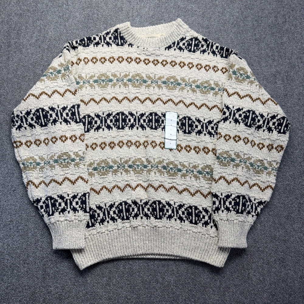 Northwest Territory Mens Large Fair Isle Knit Sweater Cream Navy Cotton NWT